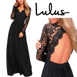 NWT, Lulus, Awaken My Love, Guipure Lace Open Back Long Sleeve Maxi Dress Black